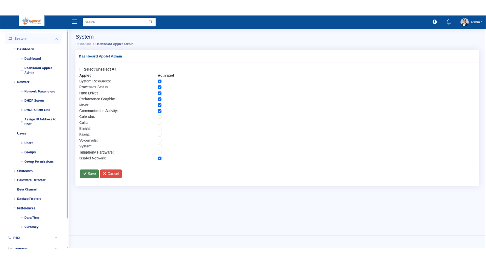 Dashboard Applet Admin