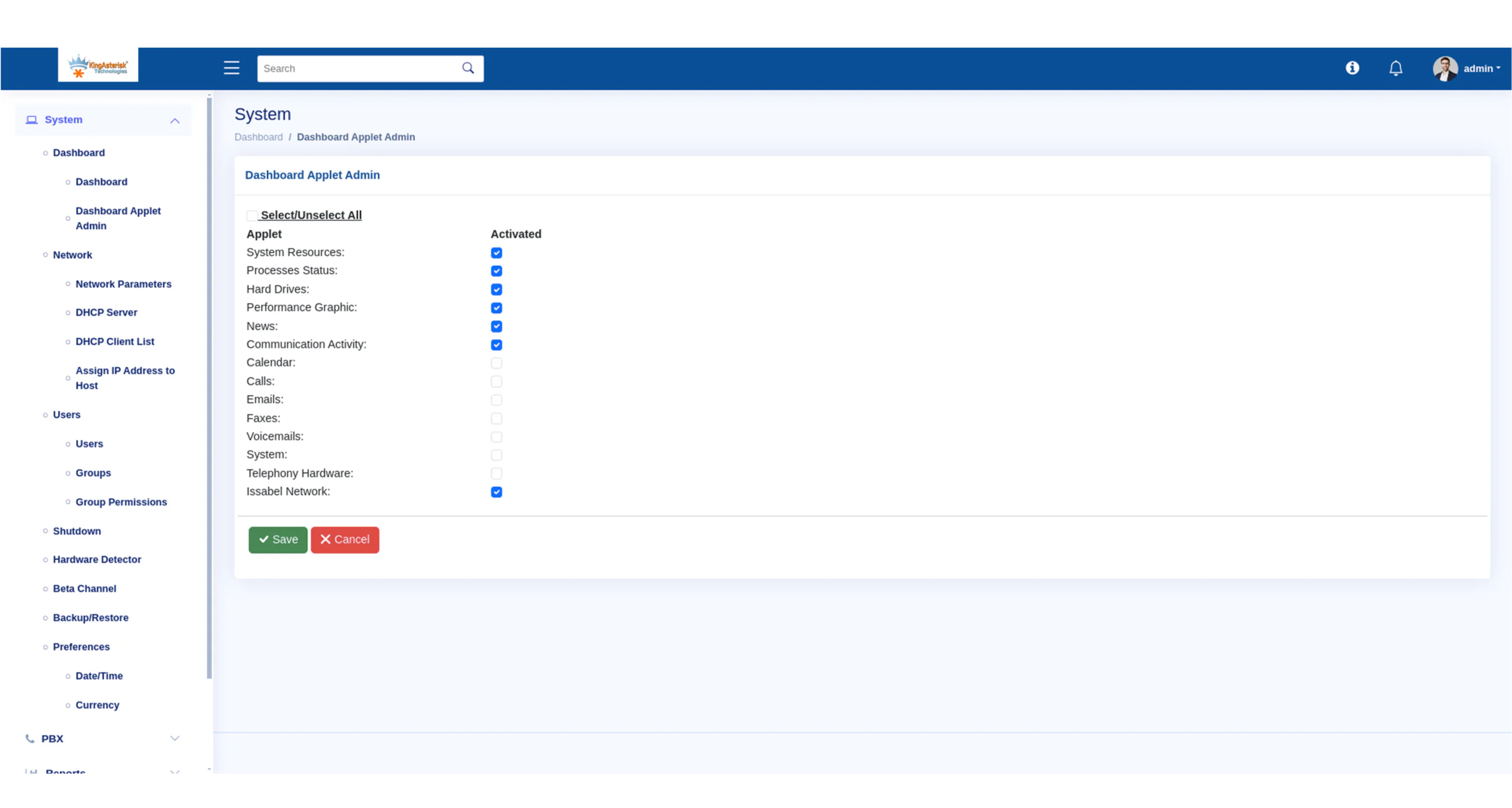 Dashboard Applet Admin