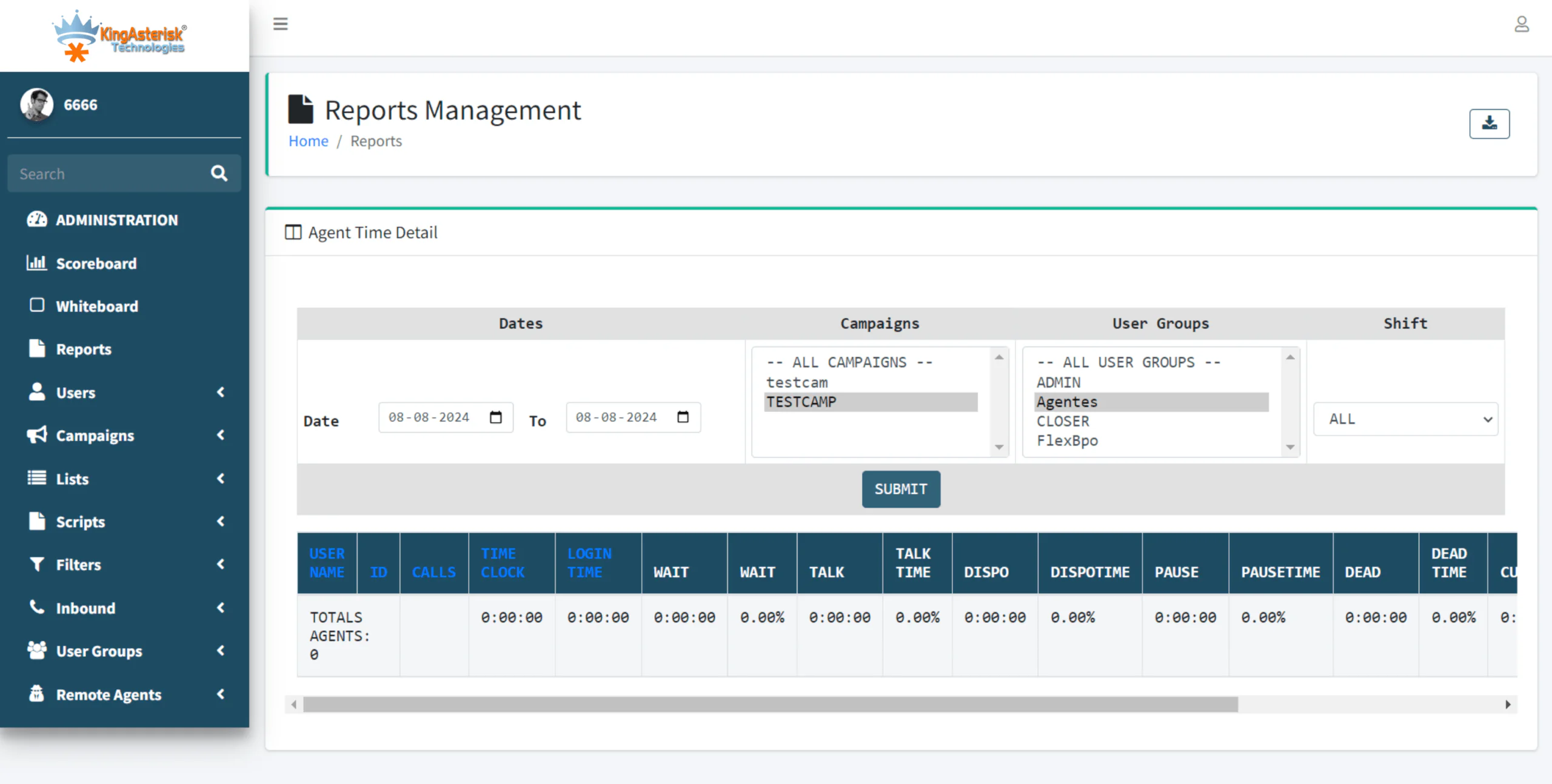 admin theme - agent time details report